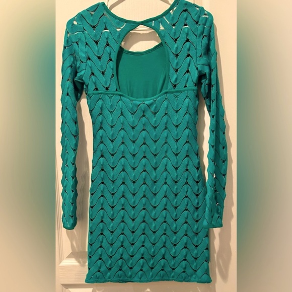 Free People Long Sleeve Wild Thing Bodycon Mini Dress w Back Cut Out in Emerald - Picture 6 of 8